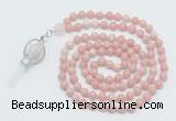 GMN1553 Knotted 8mm, 10mm Chinese pink opal 108 beads mala necklace with pendant