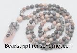 GMN1556 Knotted 8mm, 10mm pink zebra jasper 108 beads mala necklace with pendant