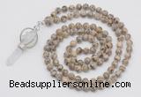 GMN1557 Knotted 8mm, 10mm feldspar 108 beads mala necklace with pendant