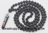 GMN1562 Knotted 8mm, 10mm black lava 108 beads mala necklace with pendant