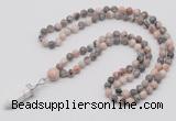 GMN1609 Hand-knotted 6mm pink zebra jasper 108 beads mala necklace with pendant