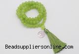 GMN1740 Hand-knotted 8mm candy jade 108 beads mala necklace with tassel & charm