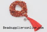 GMN1757 Knotted 8mm, 10mm red banded agate 108 beads mala necklace with tassel & charm