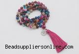 GMN1759 Knotted 8mm, 10mm colorfull banded agate 108 beads mala necklace with tassel & charm