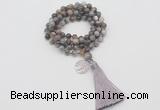 GMN1765 Knotted 8mm, 10mm Botswana agate 108 beads mala necklace with tassel & charm