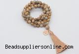 GMN1775 Knotted 8mm, 10mm picture jasper 108 beads mala necklace with tassel & charm