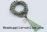 GMN1791 Knotted 8mm, 10mm rhyolite 108 beads mala necklace with tassel & charm