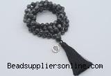 GMN1795 Knotted 8mm, 10mm black labradorite 108 beads mala necklace with tassel & charm