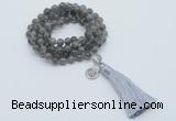 GMN1796 Knotted 8mm, 10mm labradorite 108 beads mala necklace with tassel & charm