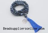 GMN1798 Knotted 8mm, 10mm dumortierite 108 beads mala necklace with tassel & charm