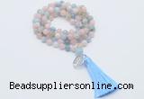 GMN1806 Knotted 8mm, 10mm morganite 108 beads mala necklace with tassel & charm