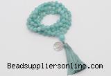 GMN1808 Knotted 8mm, 10mm amazonite 108 beads mala necklace with tassel & charm