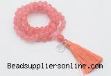 GMN1814 Knotted 8mm, 10mm cherry quartz 108 beads mala necklace with tassel & charm