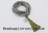 GMN1816 Knotted 8mm, 10mm seaweed quartz 108 beads mala necklace with tassel & charm