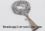 GMN1818 Knotted 8mm, 10mm cloudy quartz 108 beads mala necklace with tassel & charm