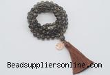 GMN1819 Knotted 8mm, 10mm smoky quartz 108 beads mala necklace with tassel & charm