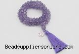 GMN1821 Knotted 8mm, 10mm amethyst 108 beads mala necklace with tassel & charm