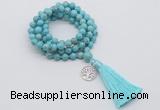 GMN1837 Knotted 8mm, 10mm blue howlite 108 beads mala necklace with tassel & charm