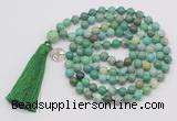 GMN1864 Knotted 8mm, 10mm grass agate 108 beads mala necklace with tassel & charm