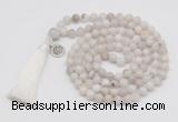 GMN1871 Knotted 8mm, 10mm white crazy agate 108 beads mala necklace with tassel & charm