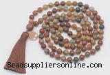 GMN1878 Knotted 8mm, 10mm picasso jasper 108 beads mala necklace with tassel & charm