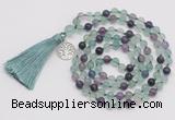 GMN1884 Knotted 8mm, 10mm fluorite 108 beads mala necklace with tassel & charm