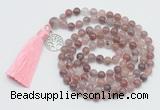 GMN1886 Knotted 8mm, 10mm purple strawberry quartz 108 beads mala necklace with tassel & charm