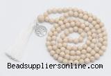 GMN1889 Knotted 8mm, 10mm white fossil jasper 108 beads mala necklace with tassel & charm