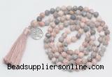 GMN1890 Knotted 8mm, 10mm pink zebra jasper 108 beads mala necklace with tassel & charm