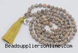 GMN1893 Knotted 8mm, 10mm feldspar 108 beads mala necklace with tassel & charm