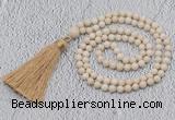 GMN200 Hand-knotted 6mm white fossil jasper 108 beads mala necklaces with tassel