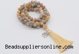 GMN2002 Knotted 8mm, 10mm matte yellow crazy agate 108 beads mala necklace with tassel & charm