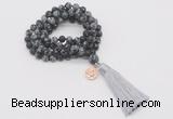 GMN2012 Knotted 8mm, 10mm matte snowflake obsidian 108 beads mala necklace with tassel & charm