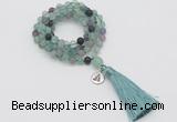 GMN2019 Knotted 8mm, 10mm matte fluorite 108 beads mala necklace with tassel & charm