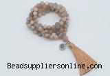 GMN2021 Knotted 8mm, 10mm matte sunstone 108 beads mala necklace with tassel & charm