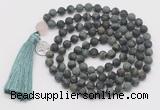 GMN2030 Knotted 8mm, 10mm matte kambaba jasper 108 beads mala necklace with tassel & charm