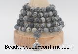 GMN2227 Hand-knotted 8mm, 10mm matte black water jasper 108 beads mala necklace with charm