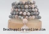 GMN2232 Hand-knotted 8mm, 10mm matte pink zebra jasper 108 beads mala necklaces with charm