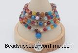 GMN2400 Hand-knotted 6mm colorful banded agate 108 beads mala necklace with charm