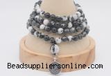 GMN2411 Hand-knotted 6mm black & white jasper 108 beads mala necklace with charm