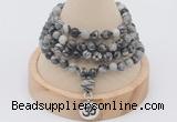 GMN2412 Hand-knotted 6mm black water jasper 108 beads mala necklace with charm