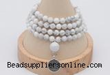 GMN2418 Hand-knotted 6mm white howlite 108 beads mala necklace with charm