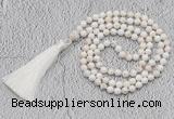 GMN243 Hand-knotted 6mm white howlite 108 beads mala necklaces with tassel