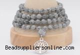 GMN2450 Hand-knotted 6mm grey picture jasper 108 beads mala necklaces with charm