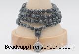 GMN2462 Hand-knotted 6mm snowflake obsidian 108 beads mala necklaces with charm