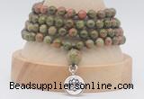 GMN2473 Hand-knotted 6mm unakite 108 beads mala necklaces with charm