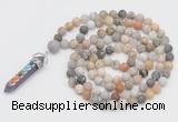 GMN2603 Hand-knotted 8mm, 10mm matte bamboo leaf agate 108 beads mala necklace with pendant