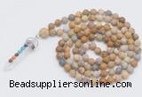 GMN2604 Hand-knotted 8mm, 10mm matte fossil coral 108 beads mala necklace with pendant