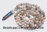 GMN2609 Hand-knotted 8mm, 10mm matte zebra jasper 108 beads mala necklace with pendant