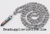 GMN2611 Hand-knotted 8mm, 10mm matte grey picture jasper 108 beads mala necklace with pendant